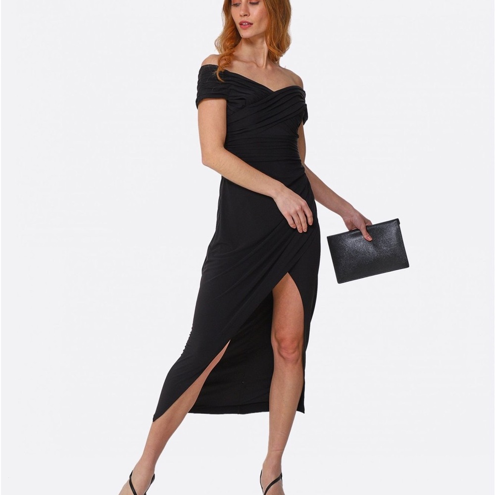 Self-Portrait Black Off the Shoulder Ruched Midi Dress